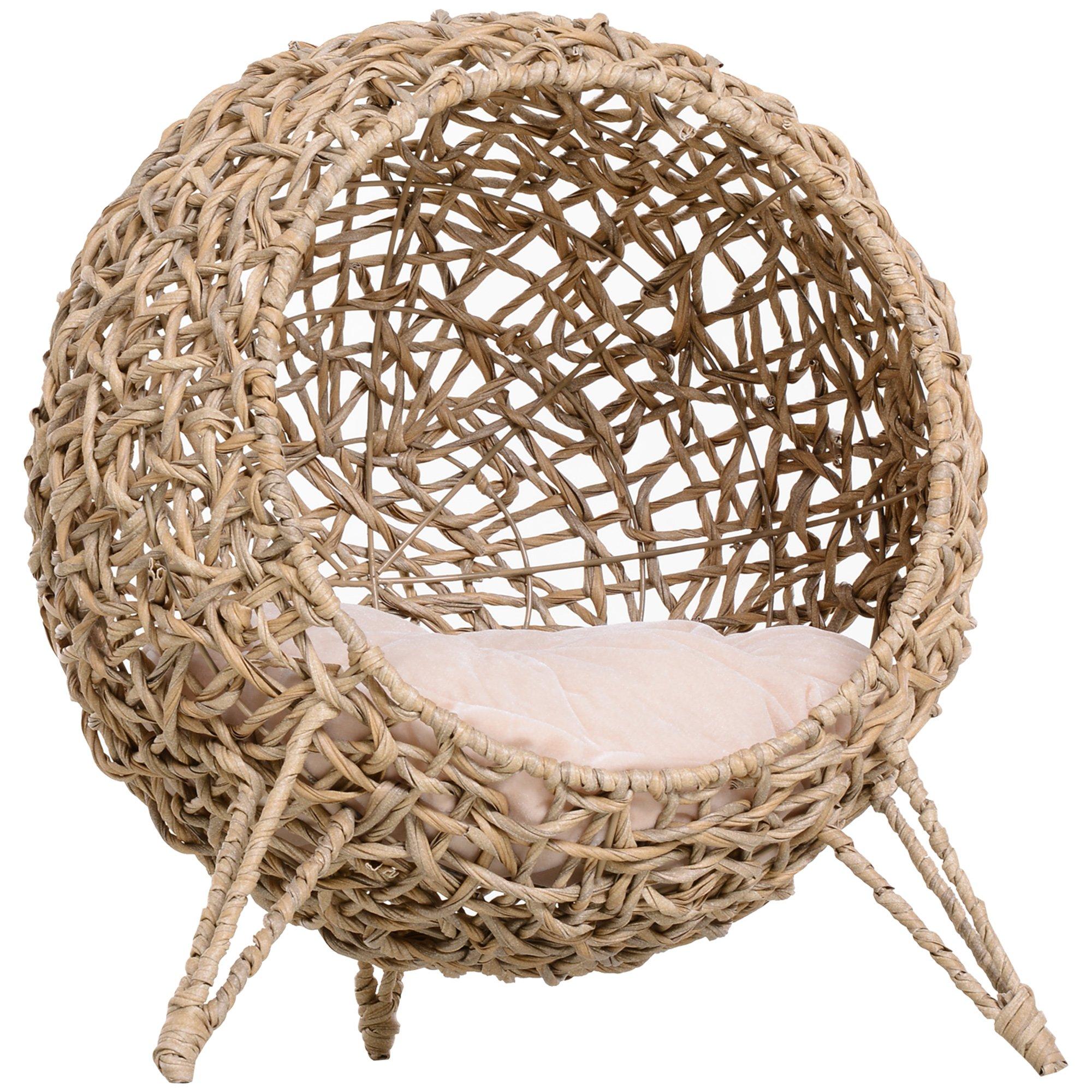 Wicker Cat House, Rattan Elevated Cat Bed with Cushion